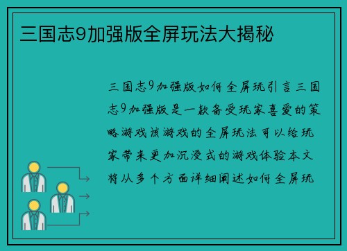 三国志9加强版全屏玩法大揭秘