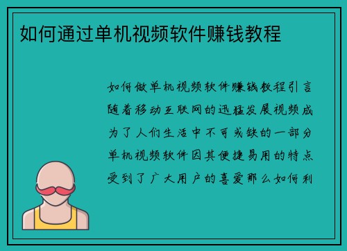 如何通过单机视频软件赚钱教程