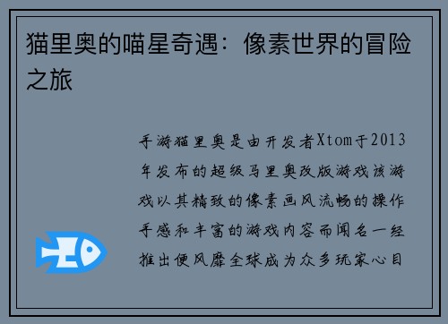 猫里奥的喵星奇遇：像素世界的冒险之旅