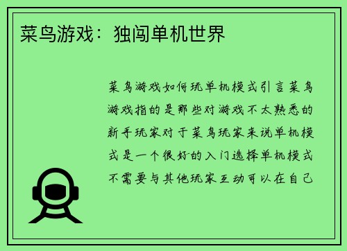 菜鸟游戏：独闯单机世界